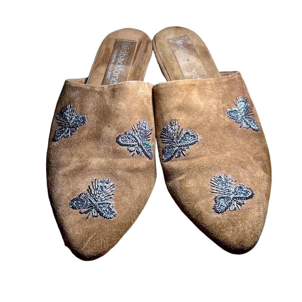 Laidback London handmade suede slides with embroidered bees. Anthropologie brand